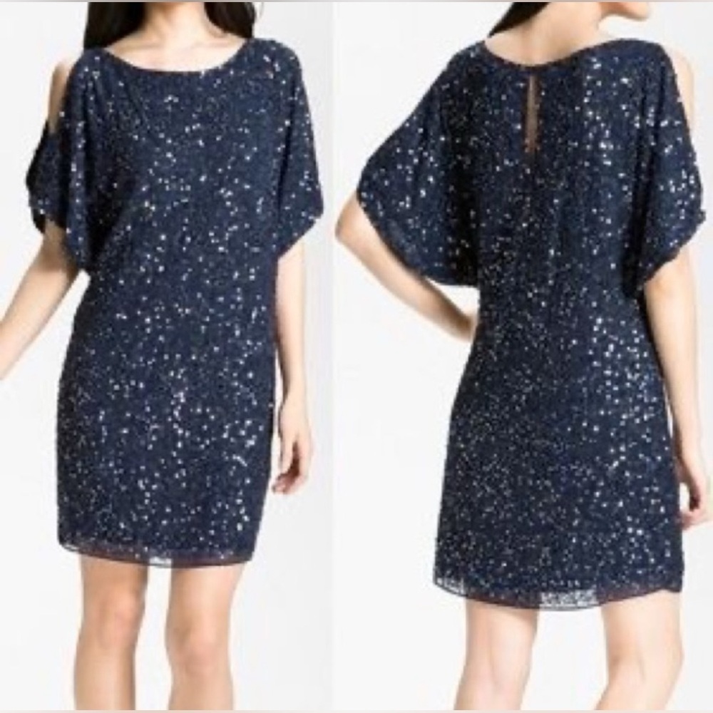 Macy’s Navy Blue Cocktail Dress Beaded Sequins Dolman Cold Shoulder Boatneck M/L